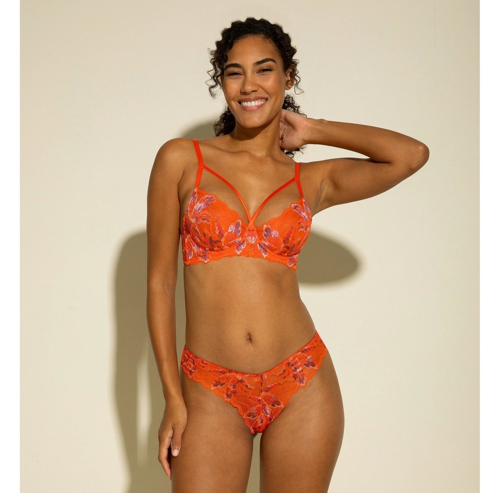 Cosabella Never Say Never Curvy Paradiso Bralette & Thong Set Orange Floral Lace